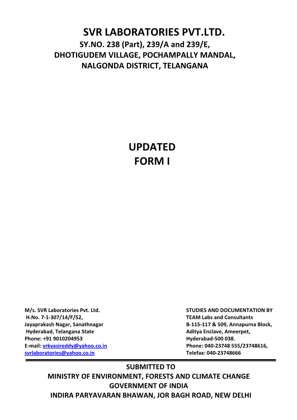 Svr Laboratories Pvt.Ltd. Updated Form I