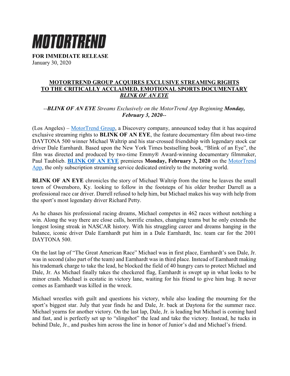 FOR IMMEDIATE RELEASE January 30, 2020 MOTORTREND GROUP