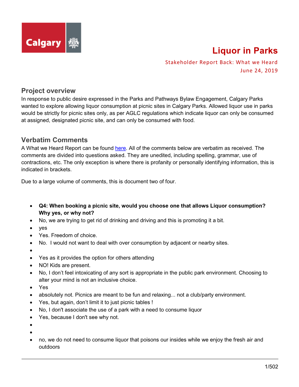 Liquor in Parks Stakeholder Report Back: What We Heard June 24, 2019