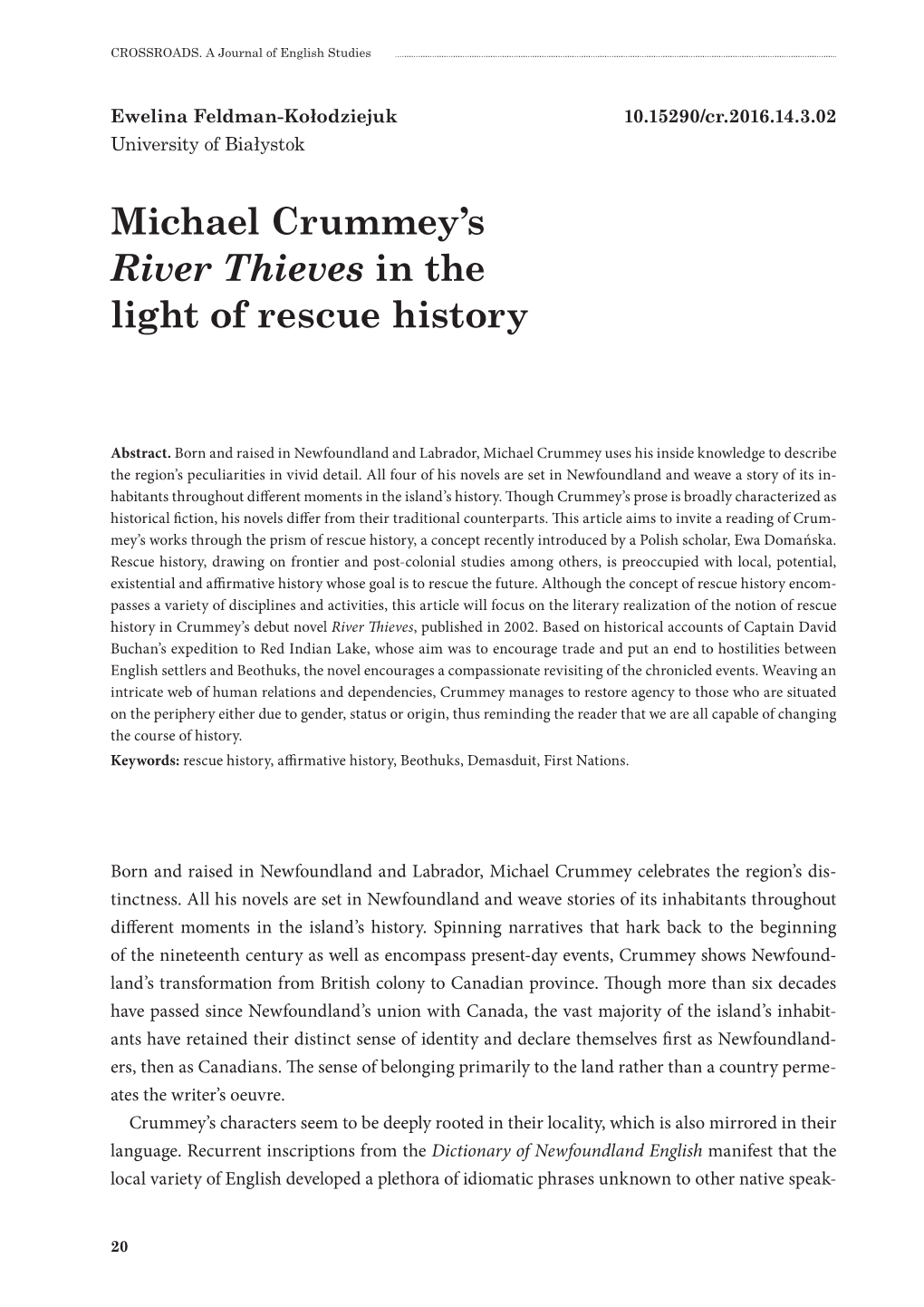 Michael Crummey's River Thieves in the Light of Rescue History