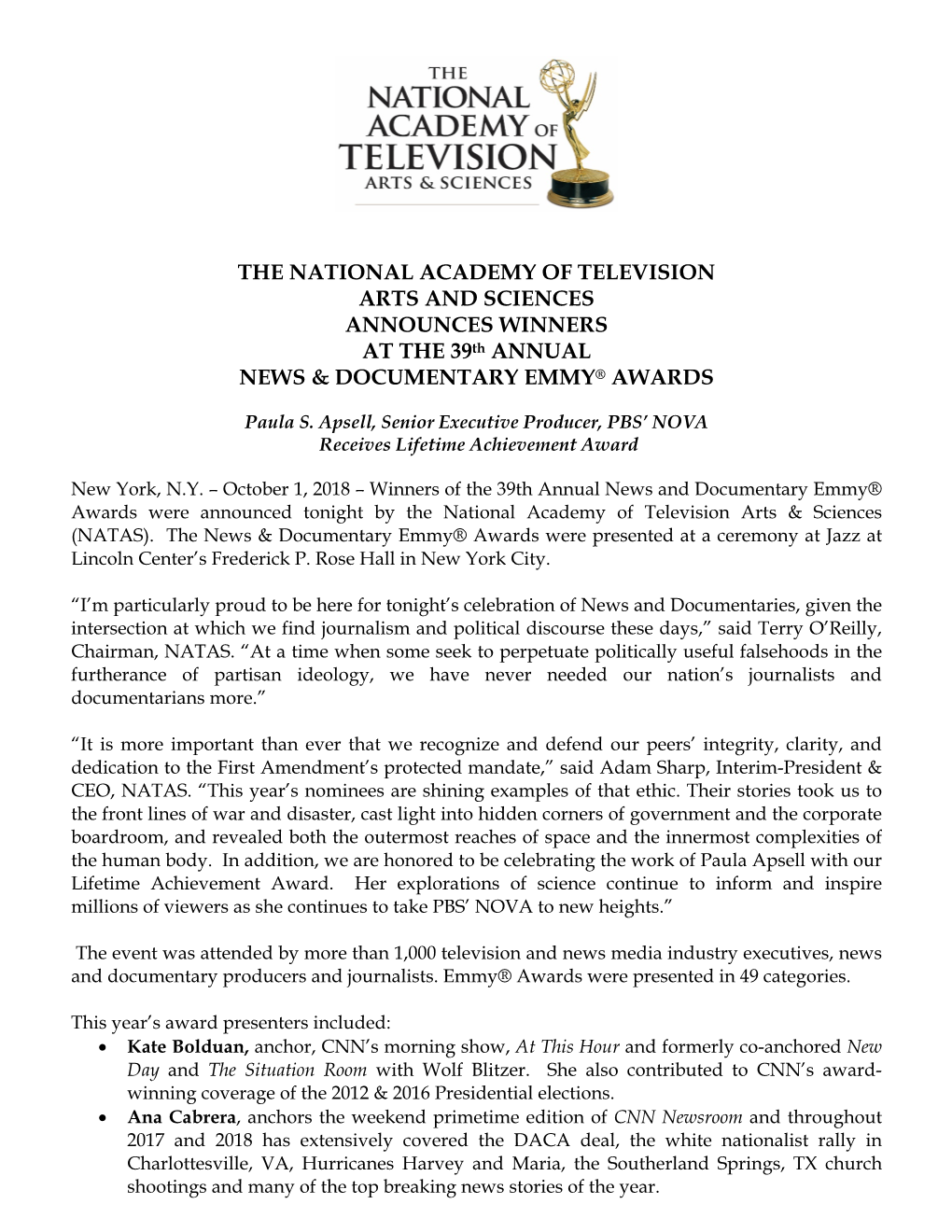 THE NATIONAL ACADEMY of TELEVISION ARTS and SCIENCES ANNOUNCES WINNERS at the 39Th ANNUAL NEWS & DOCUMENTARY EMMY® AWARDS