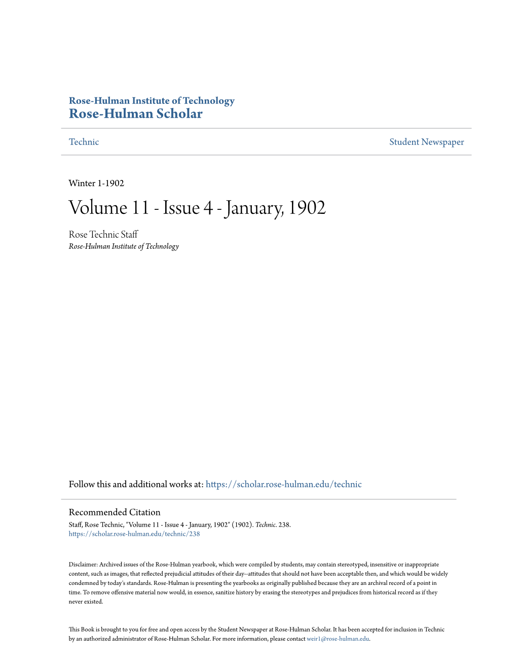 Volume 11 - Issue 4 - January, 1902 Rose Technic Staff Rose-Hulman Institute of Technology