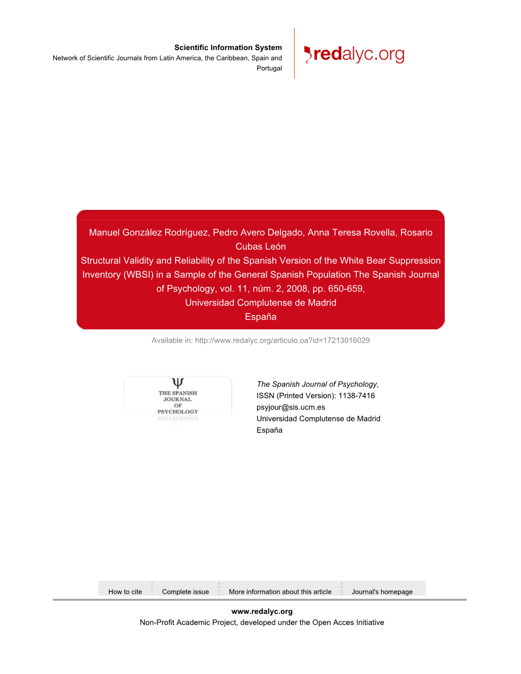 (WBSI) in a Sample of the General Spanish Population the Spanish Journal of Psychology, Vol