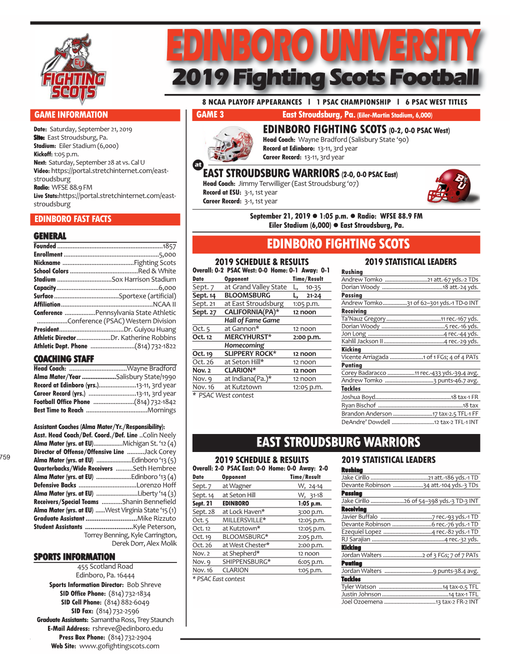EDINBORO UNIVERSITY 2019 Fighting Scots Football 8 NCAA PLAYOFF APPEARANCES L 1 PSAC CHAMPIONSHIP L 6 PSAC WEST TITLES GAME INFORMATION GAME 3 East Stroudsburg, Pa