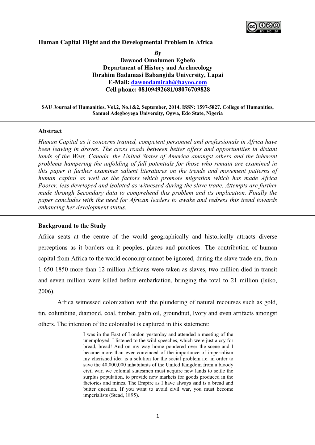 Human Capital Flight and the Developmental Problem in Africa