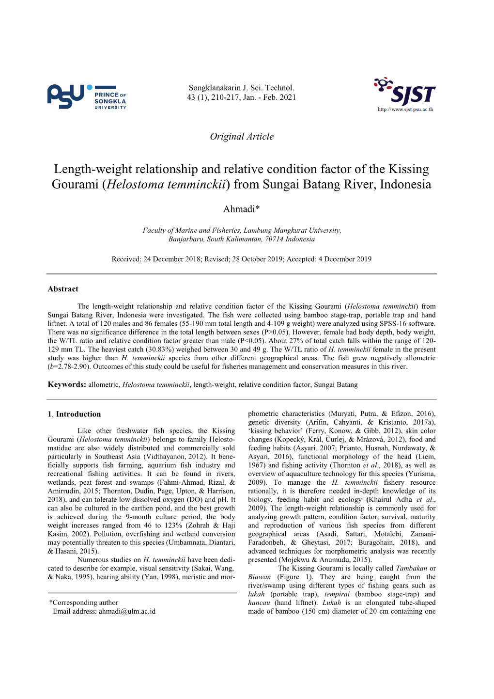 Length-Weight Relationship and Relative Condition Factor of the Kissing Gourami (Helostoma Temminckii) from Sungai Batang River, Indonesia