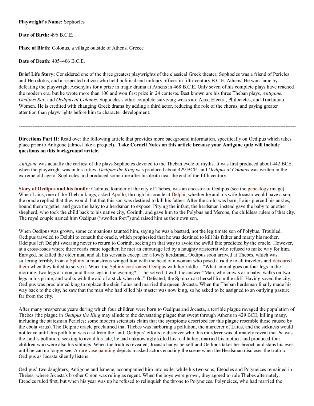 Playwright's Name: Sophocles Date of Birth: 496 B.C.E. Place of Birth: Colonus, a Village Outside of Athens, Greece Date of De