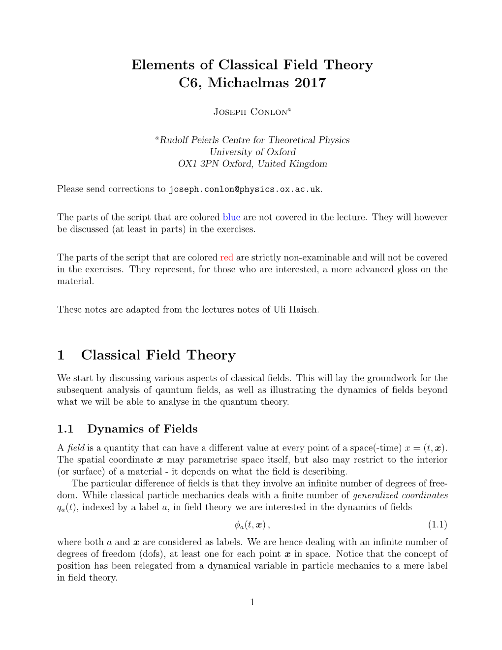 Classical Field Theory C6, Michaelmas 2017