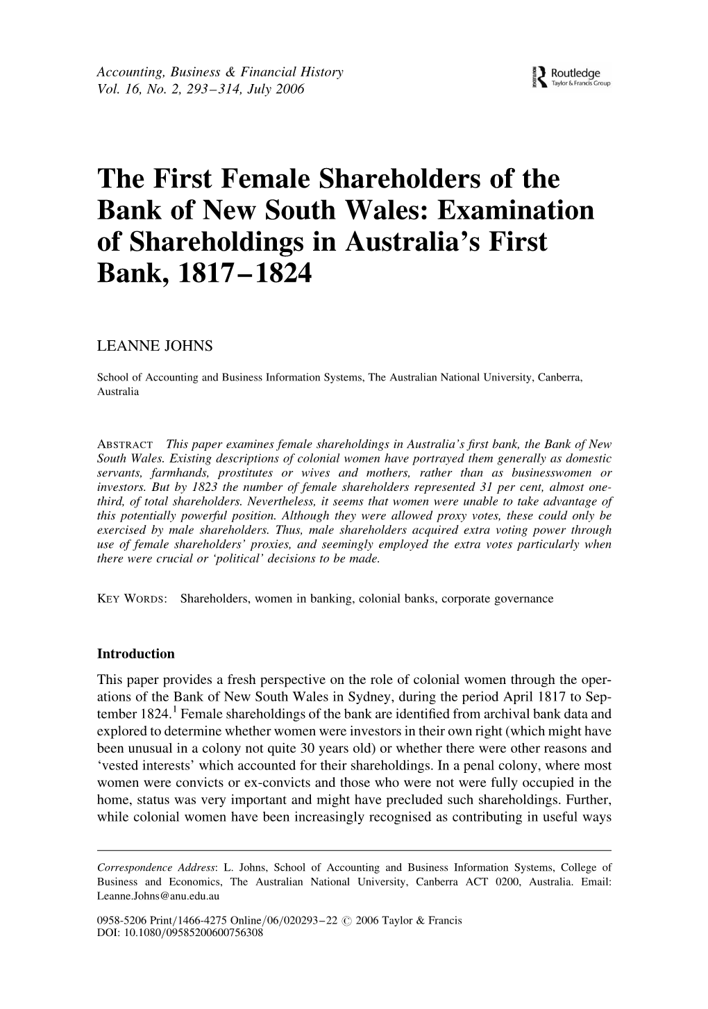 The First Female Shareholders of the Bank of New South Wales: Examination of Shareholdings in Australia’S First Bank, 1817–1824