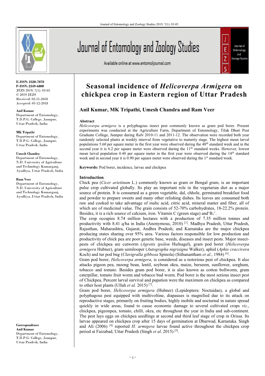 Seasonal Incidence of Helicoverpa Armigera on Chickpea Crop In