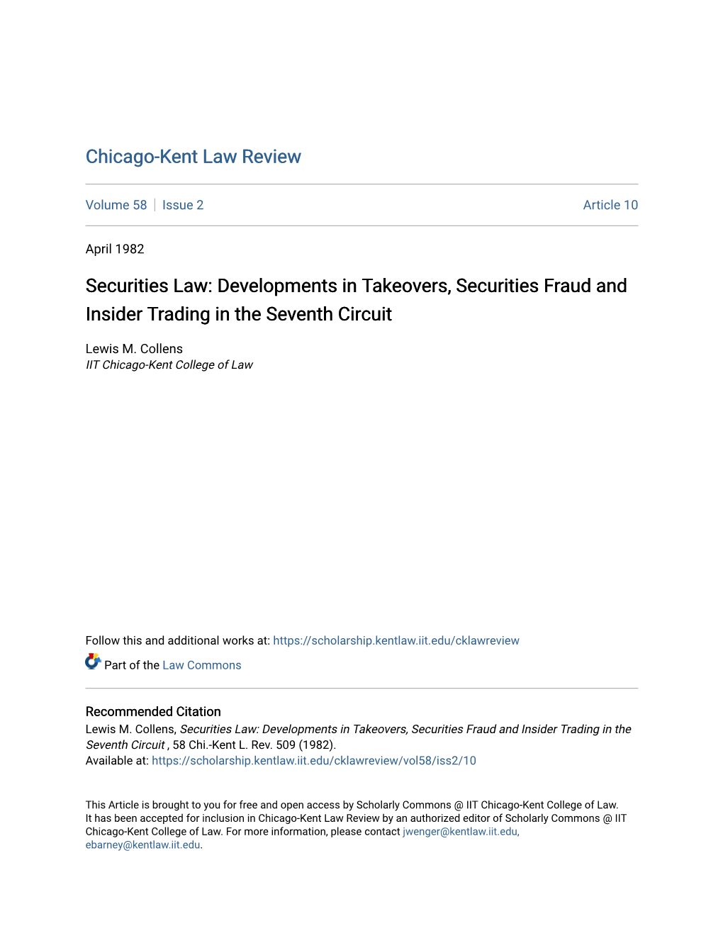 Securities Law: Developments in Takeovers, Securities Fraud and Insider Trading in the Seventh Circuit