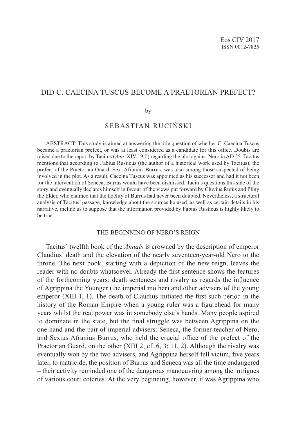 Did C. Caecina Tuscus Become a Praetorian Prefect?