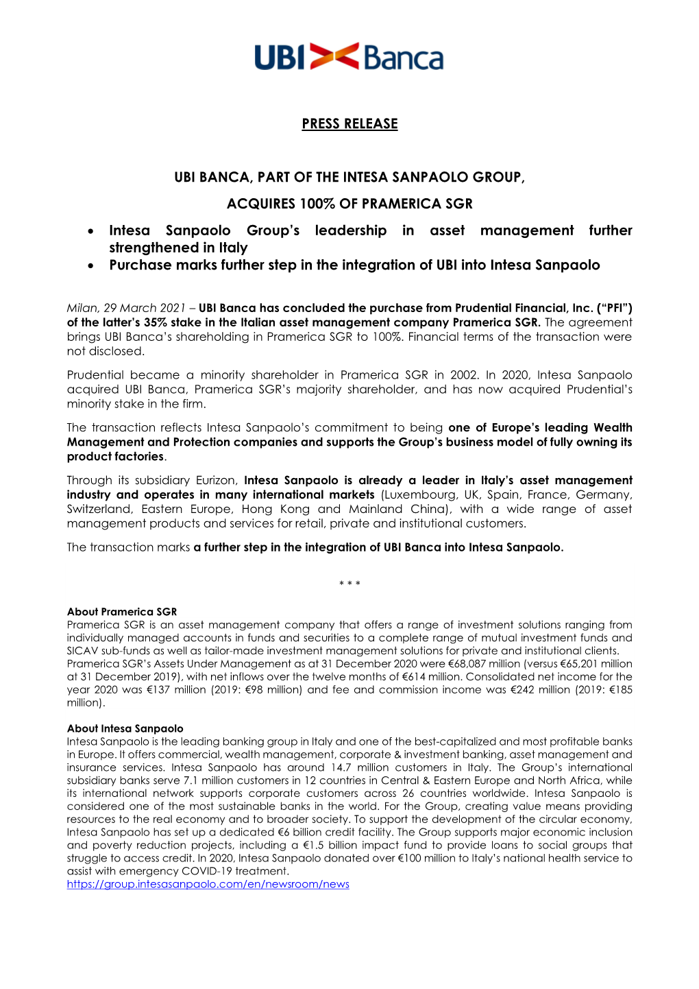 Press Release Ubi Banca, Part of the Intesa Sanpaolo