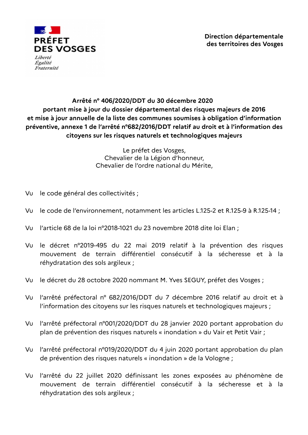 Direction Départementale Des Territoires Des Vosges Arrêté N° 406