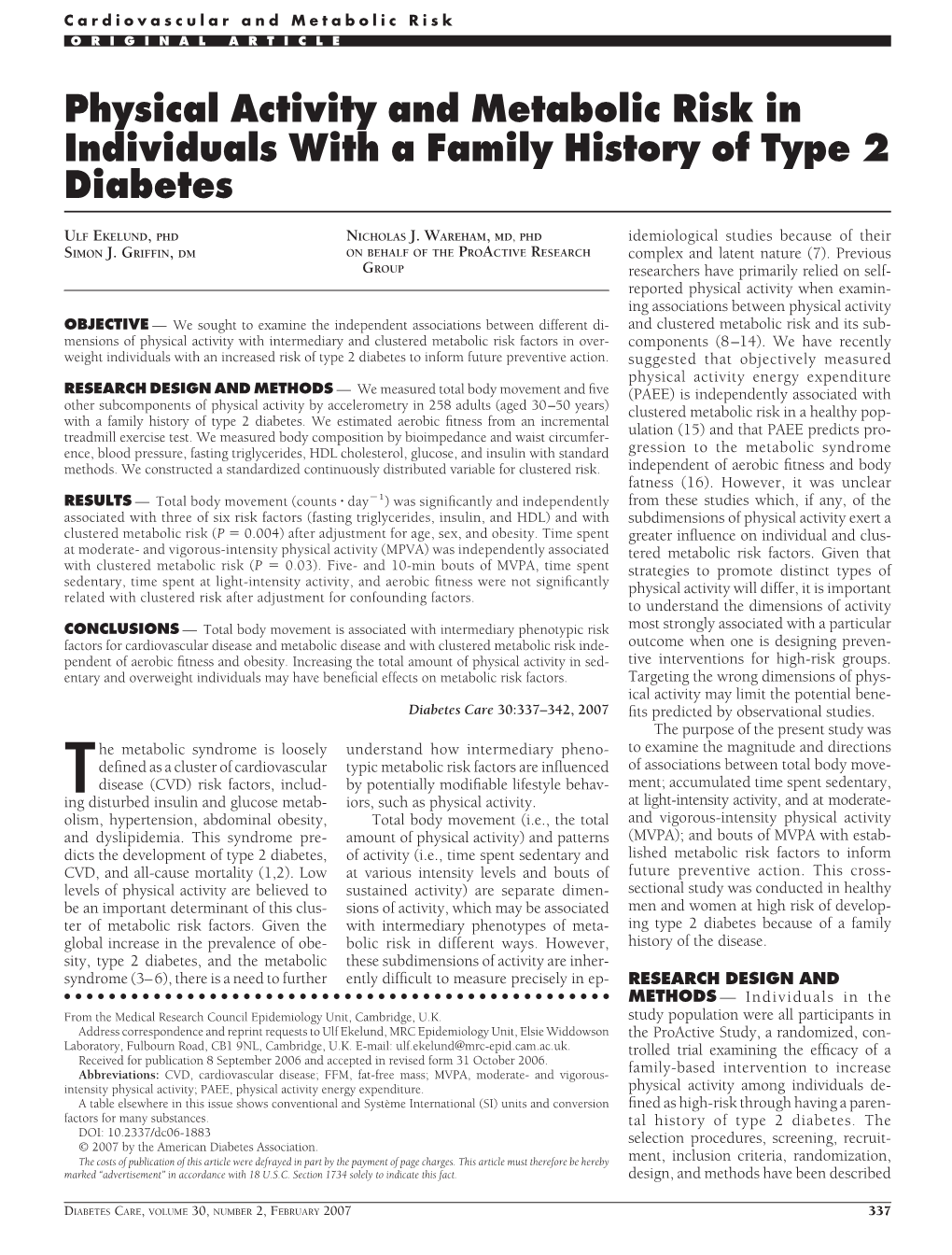 Physical Activity and Metabolic Risk in Individuals with a Family History of Type 2 Diabetes