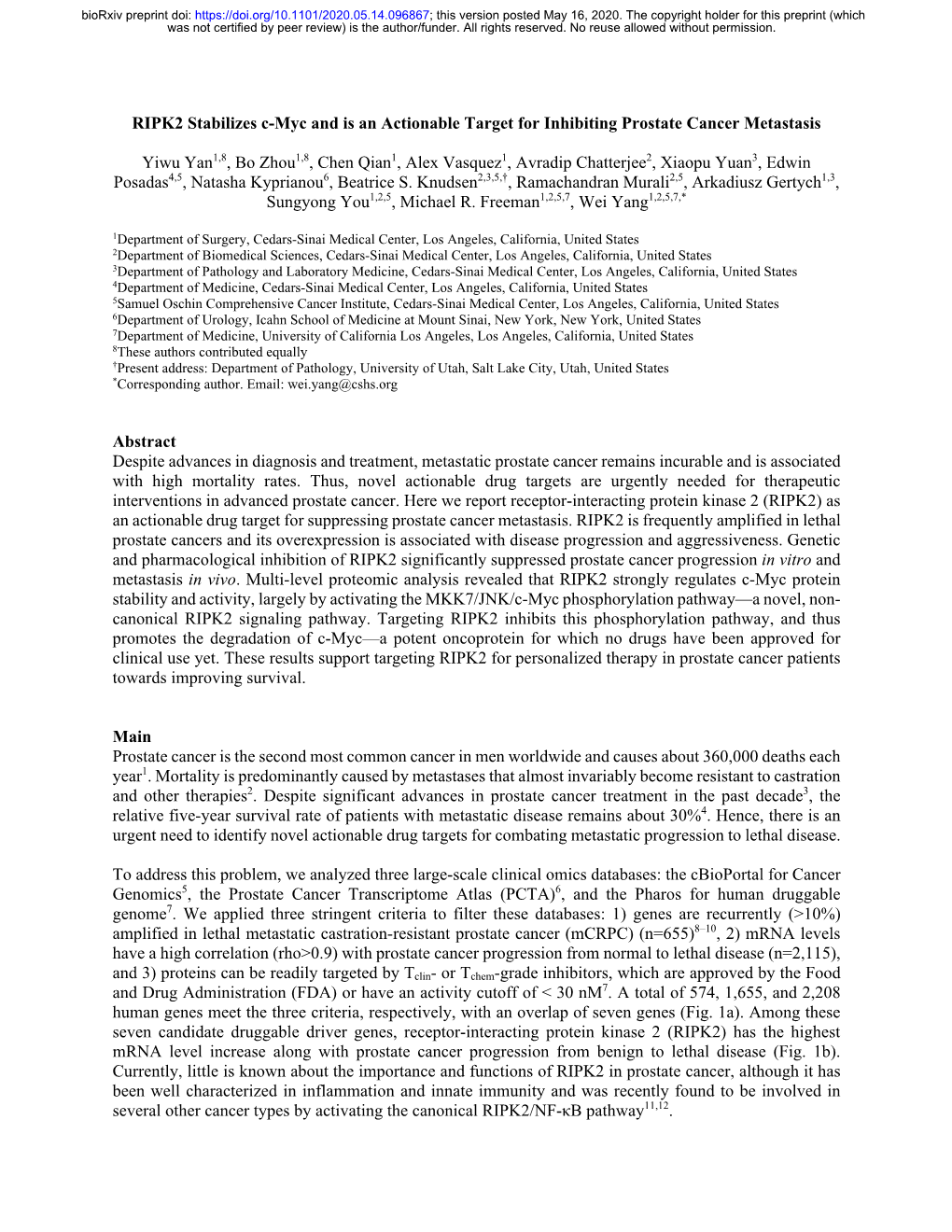 RIPK2 Stabilizes C-Myc and Is an Actionable Target for Inhibiting Prostate Cancer Metastasis