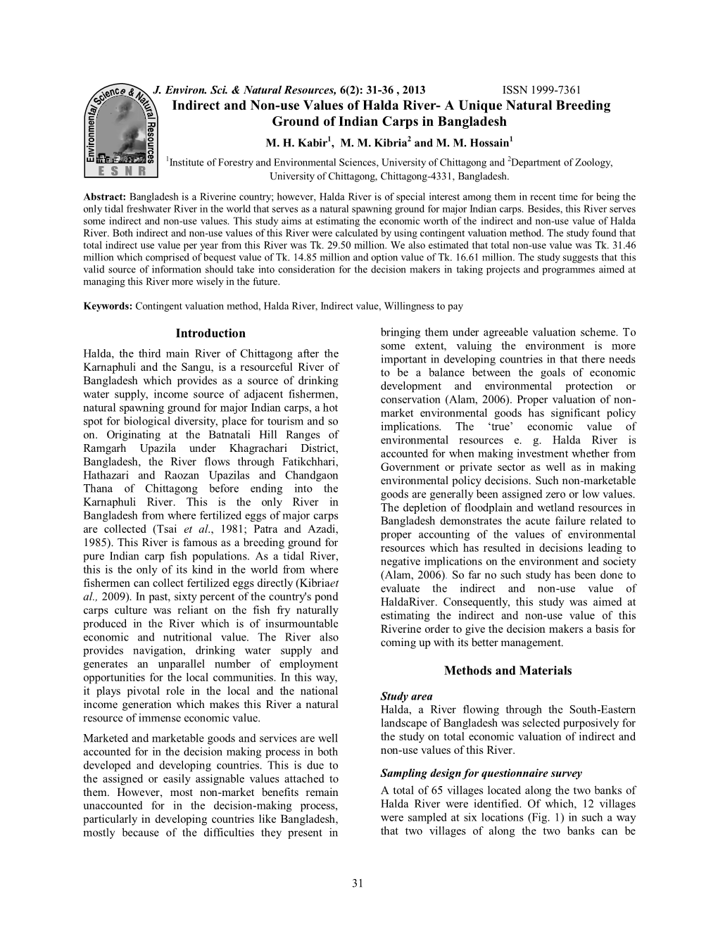 Indirect and Non-Use Values of Halda River- a Unique Natural Breeding Ground of Indian Carps in Bangladesh