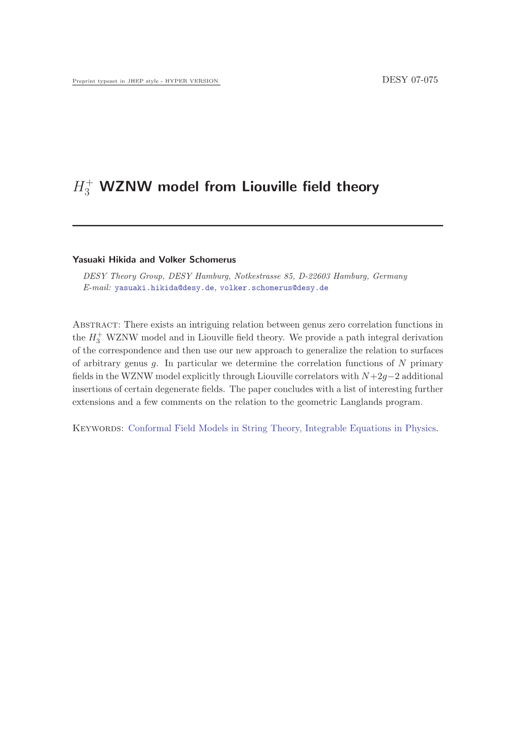 H WZNW Model from Liouville Field Theory