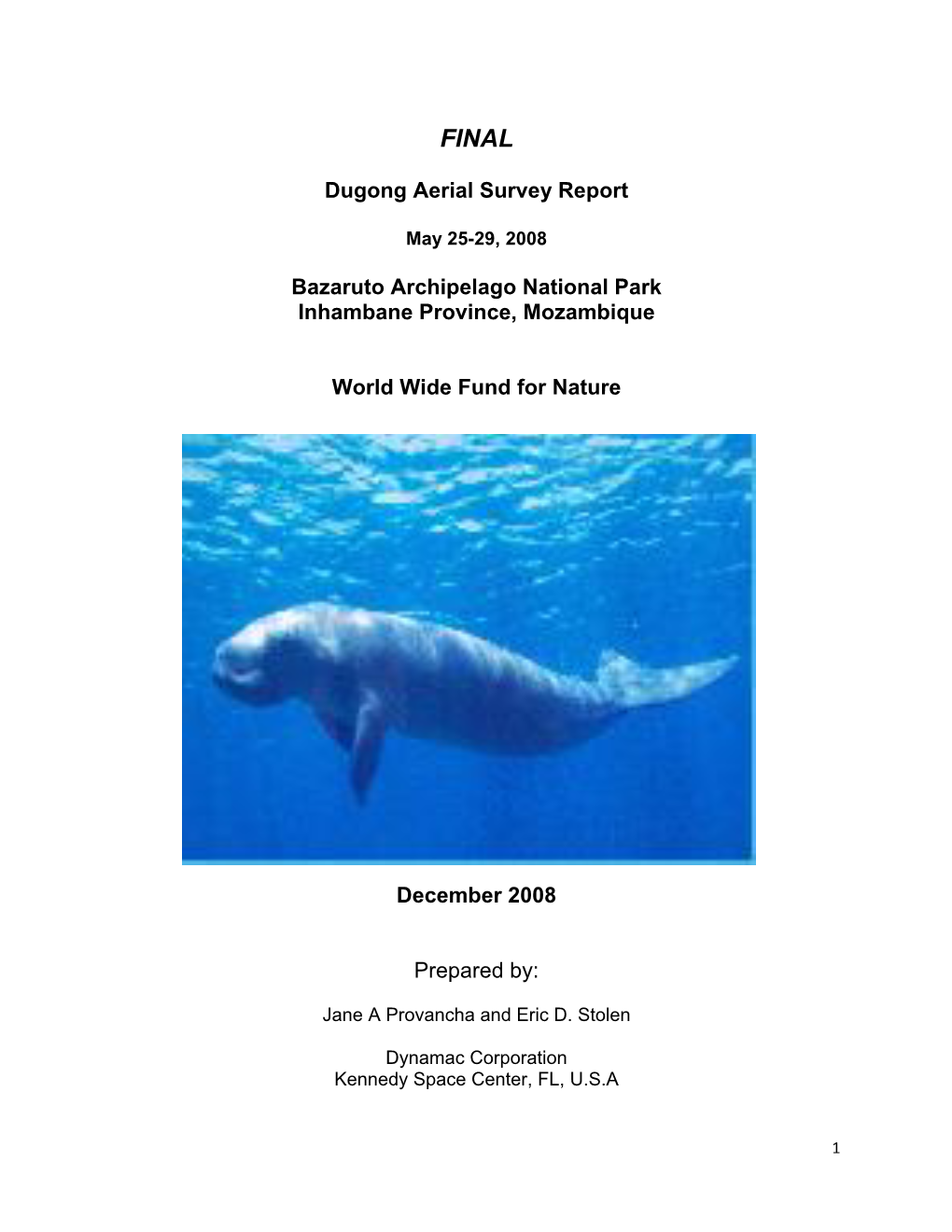 Dugong Aerial Survey Report Bazaruto Archipelago