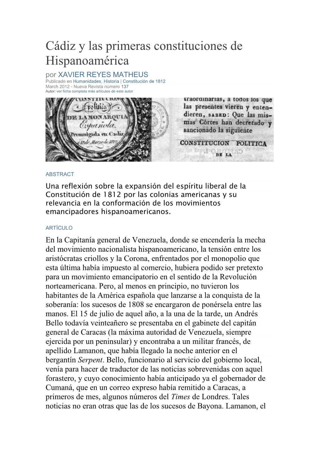 Cádiz Y Las Primeras Constituciones De Hispanoamérica