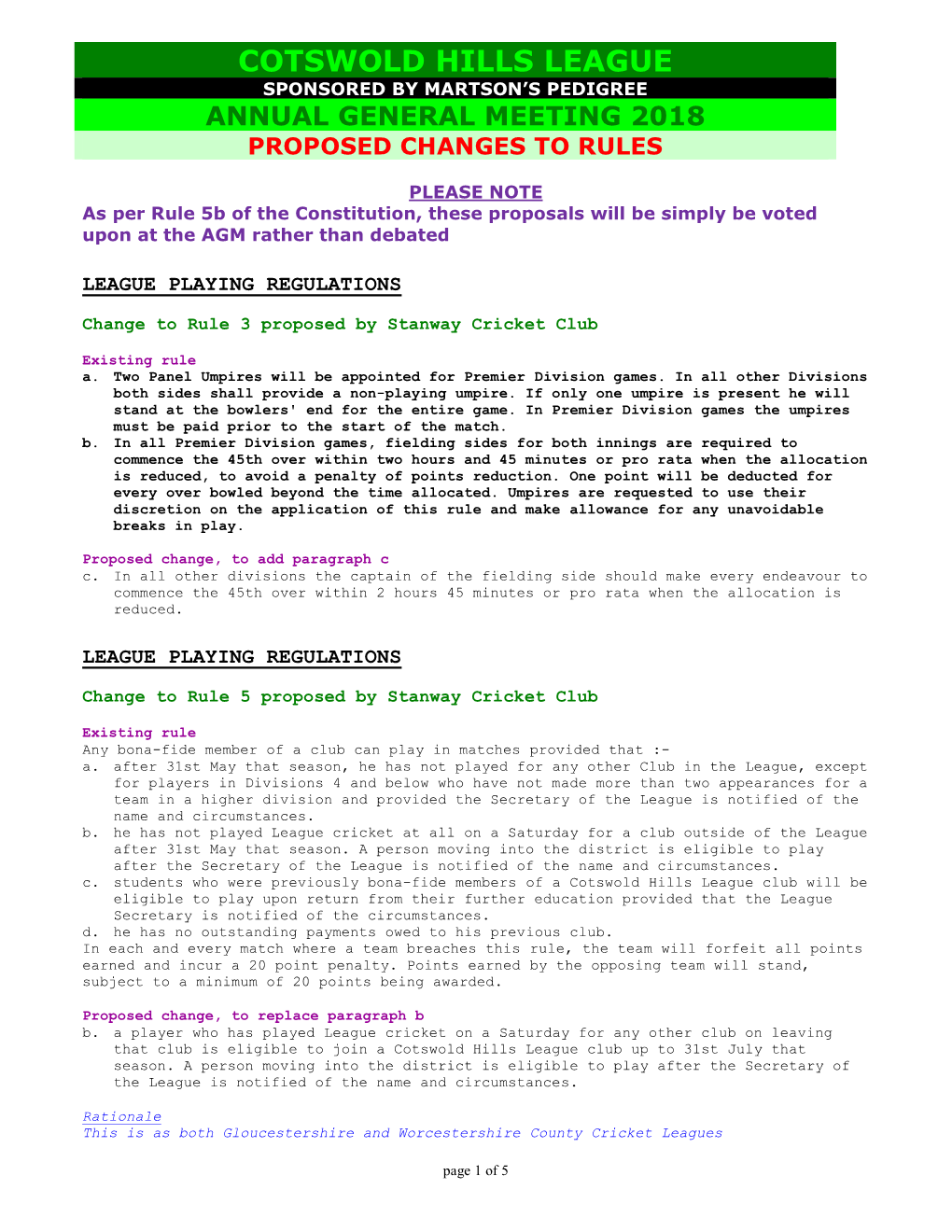 Cotswold Hills League Sponsored by Martson’S Pedigree Annual General Meeting 2018 Proposed Changes to Rules