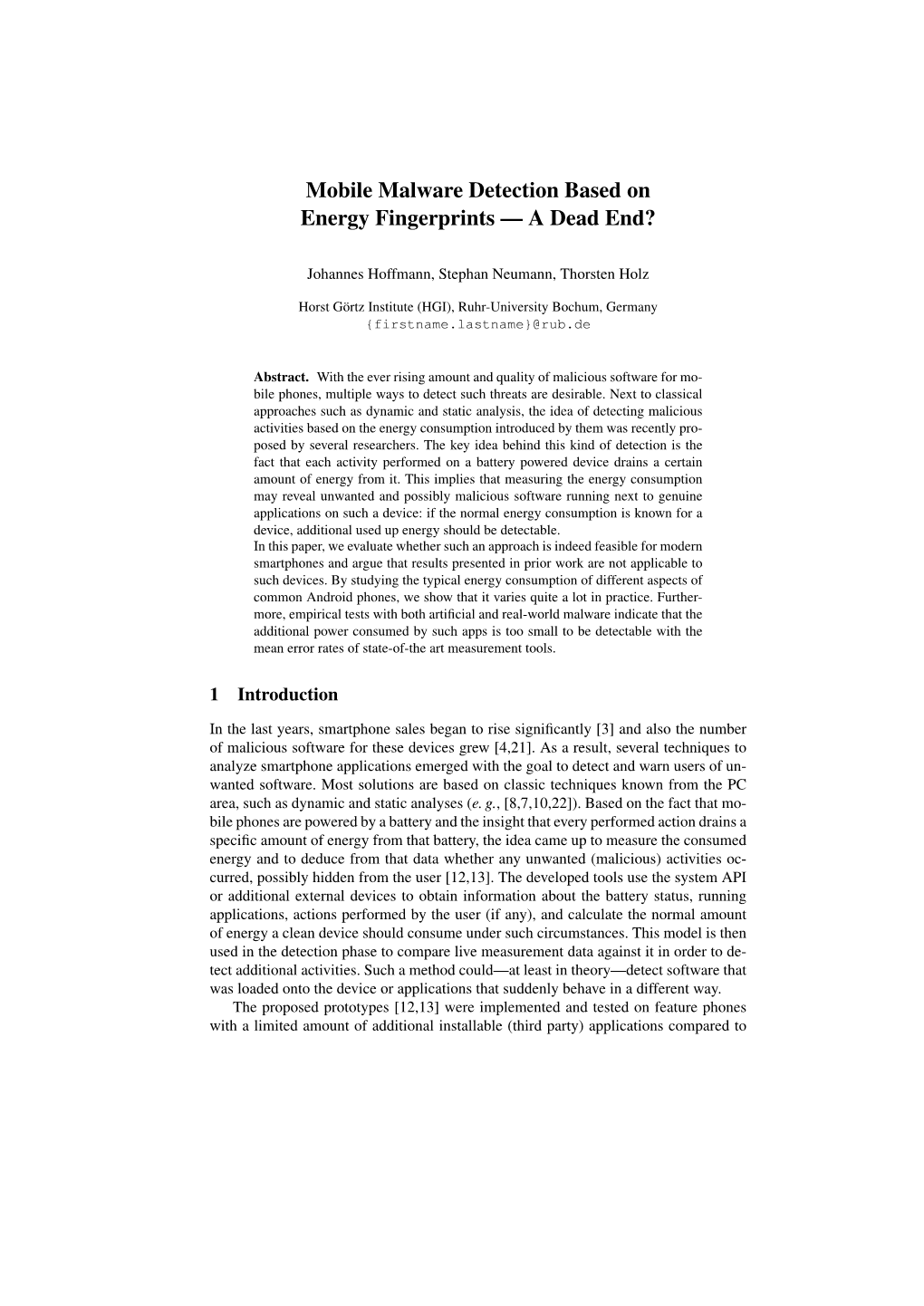 Mobile Malware Detection Based on Energy Fingerprints — a Dead End?