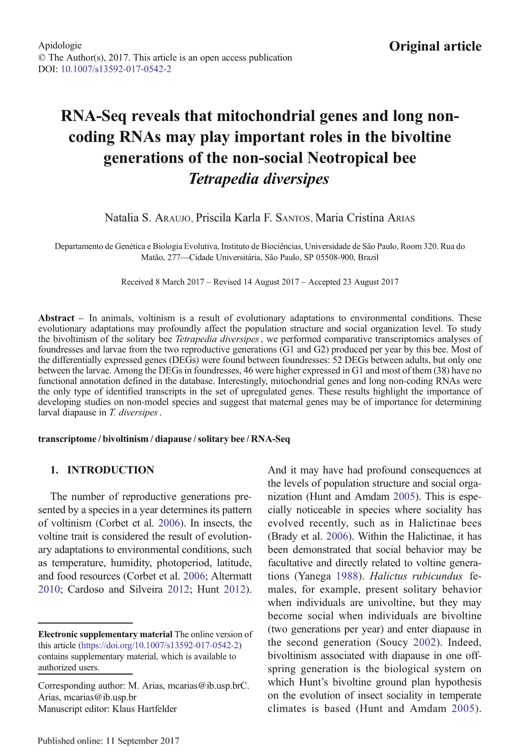 RNA-Seq Reveals That Mitochondrial Genes and Long Non-Coding Rnas May Play Important Roles in the Bivoltine Generations of the N