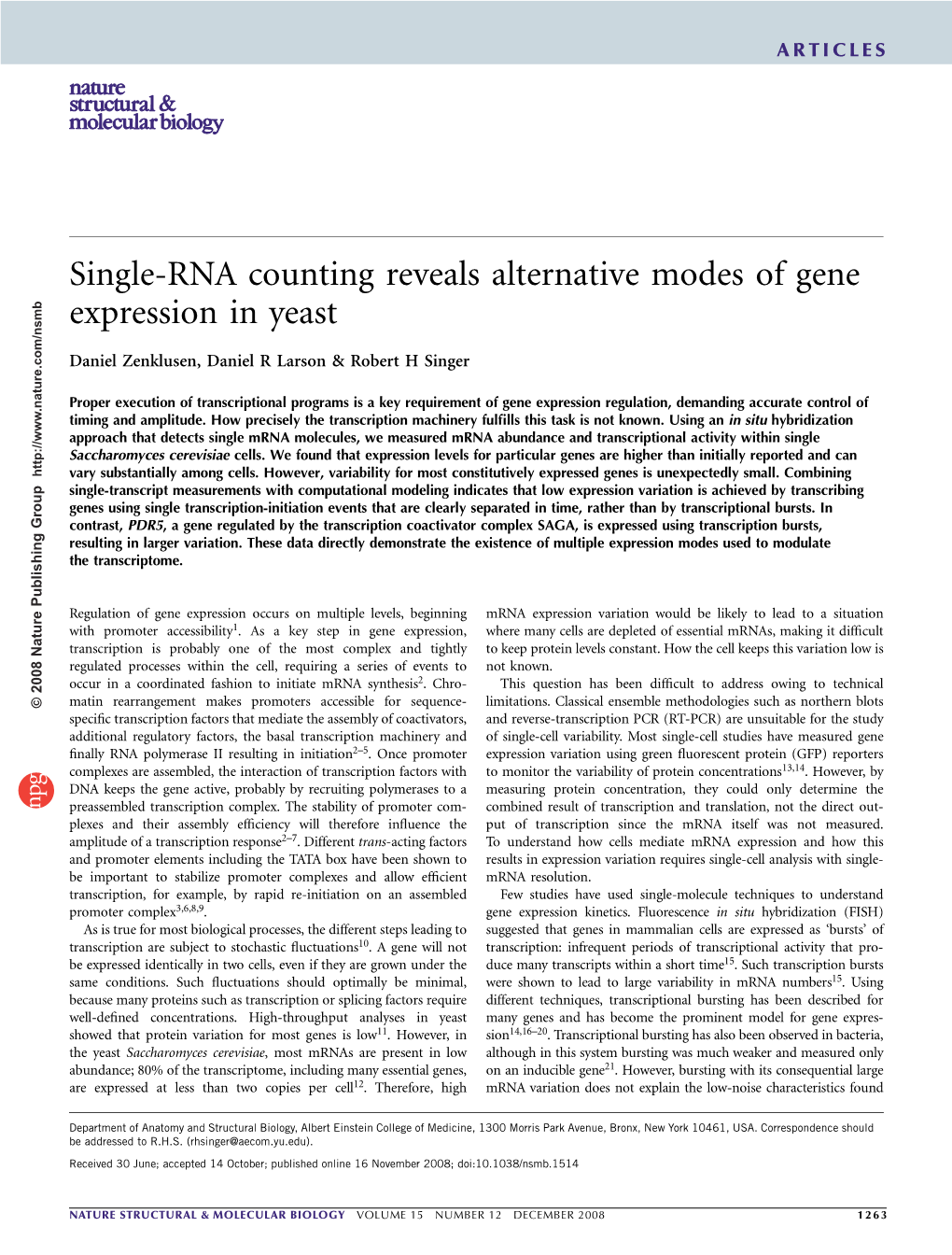 Single-RNA Counting Reveals Alternative Modes of Gene Expression in Yeast