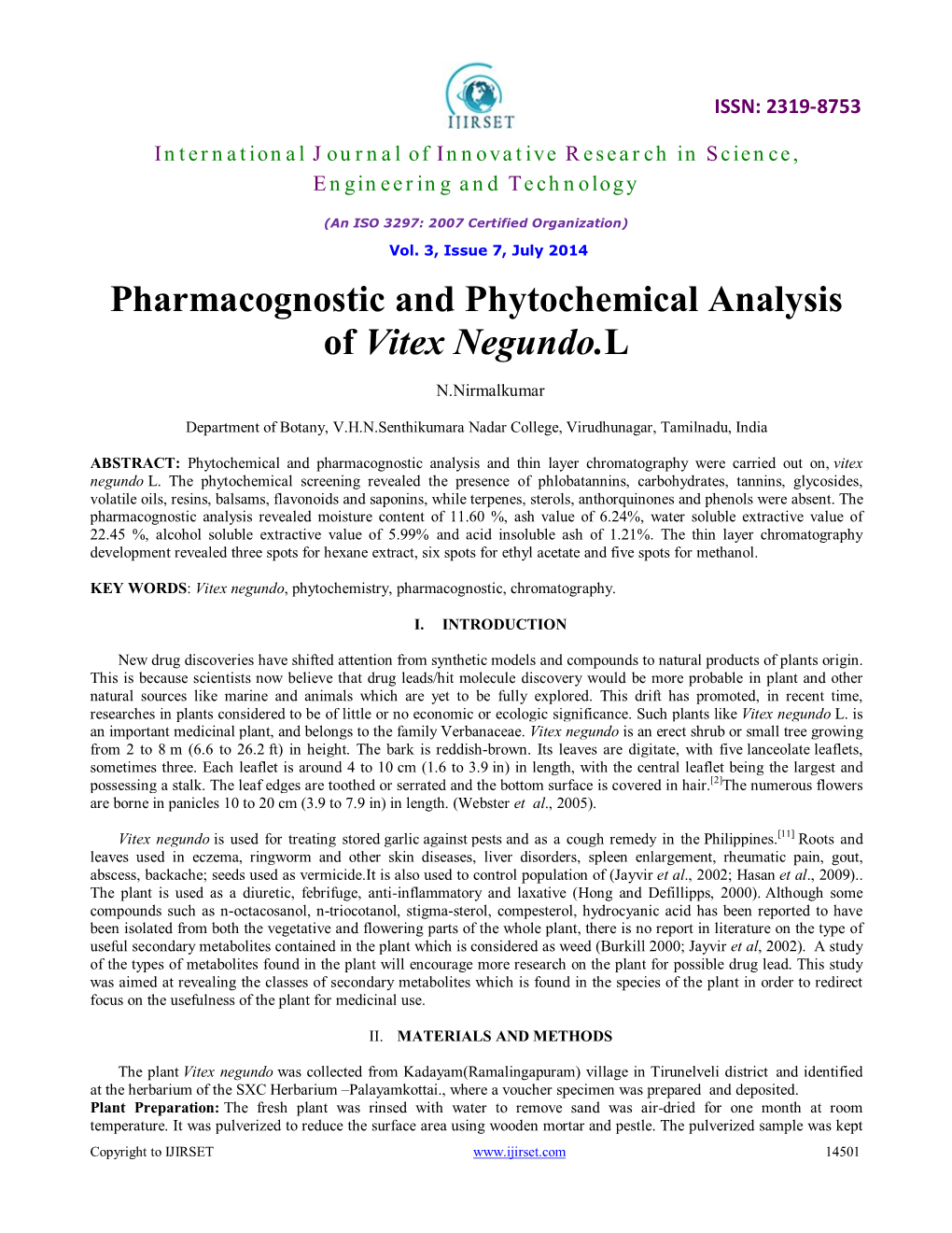 Pharmacognostic and Phytochemical Analysis of Vitex Negundo.L
