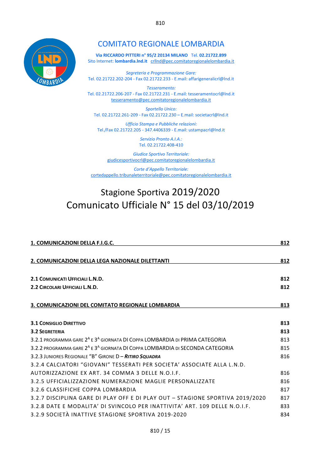 Comunicato Ufficiale N° 15 Del 03/10/2019