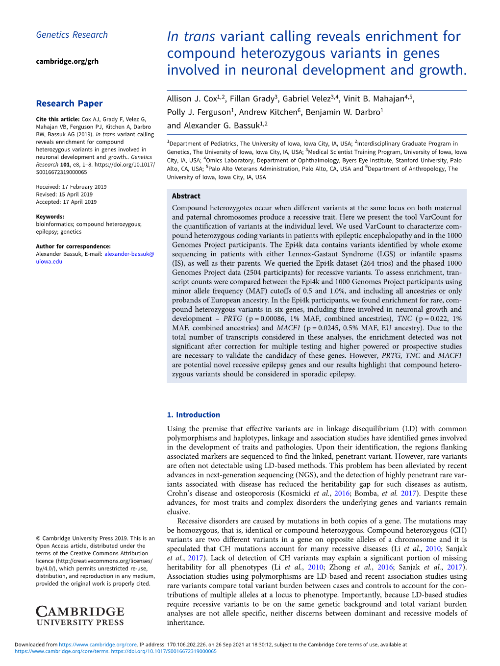 In Trans Variant Calling Reveals Enrichment for Compound Heterozygous Variants in Genes Cambridge.Org/Grh Involved in Neuronal Development and Growth