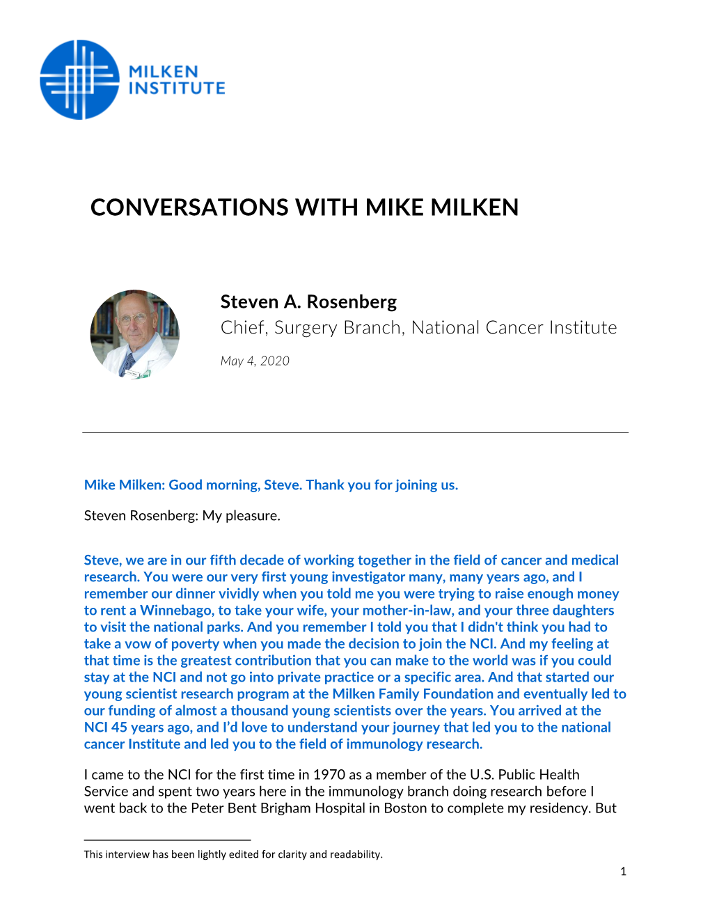 CONVERSATIONS with MIKE MILKEN Steven A. Rosenberg