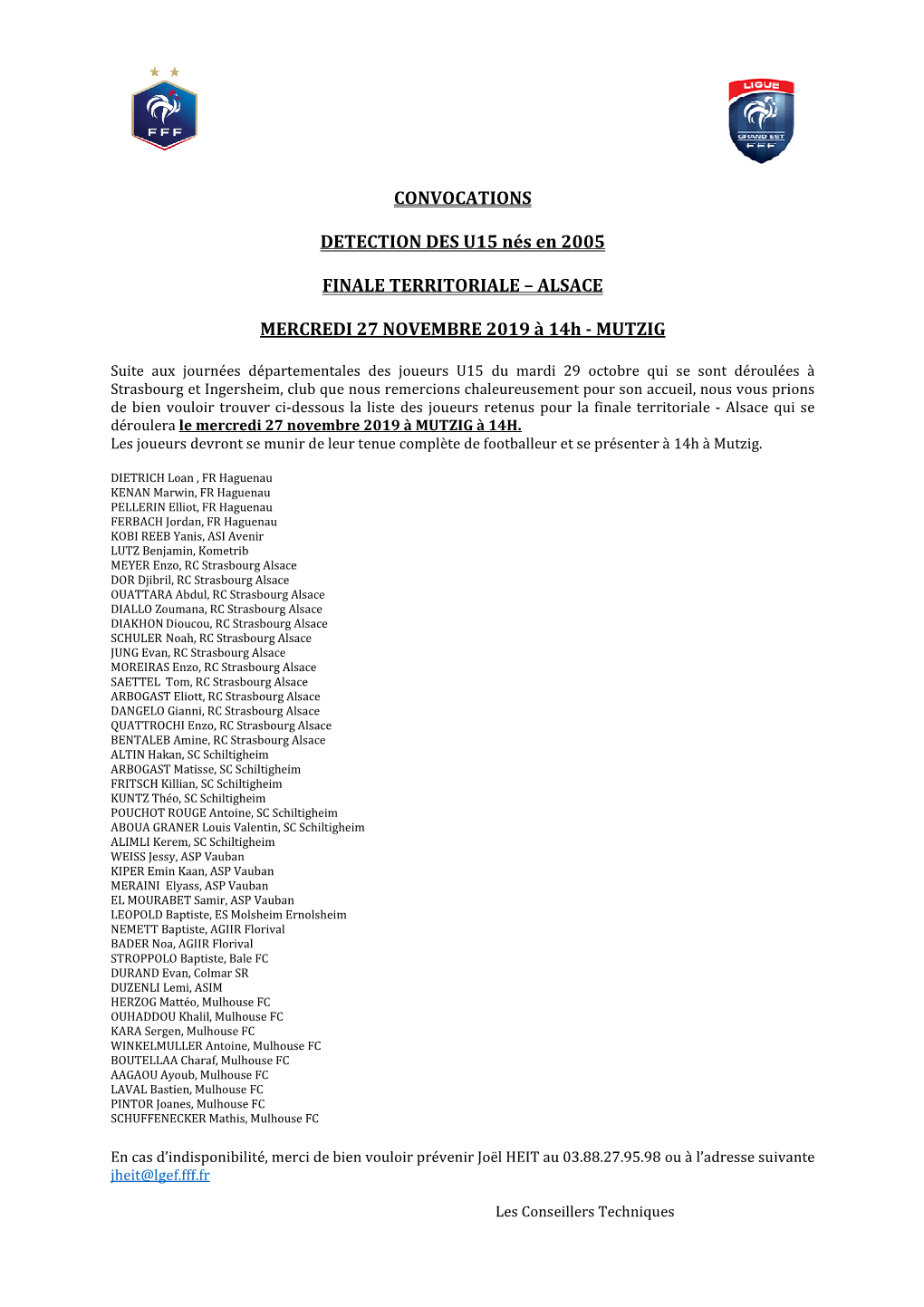 CONVOCATIONS DETECTION DES U15 Nés En 2005 FINALE