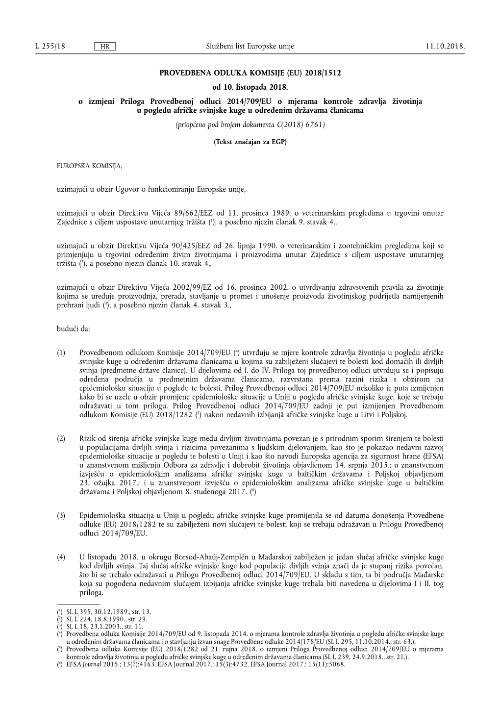 Provedbena Odluka Komisije (Eu) 2018/ 1512