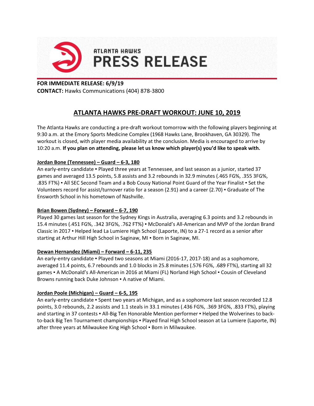 Atlanta Hawks Pre-Draft Workout: June 10, 2019