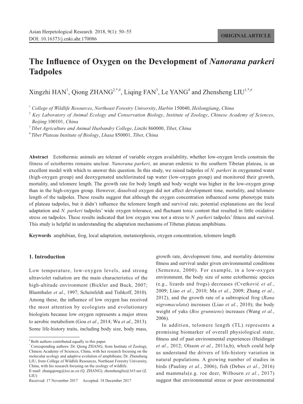 The Influence of Oxygen on the Development of Nanorana Parkeri Tadpoles