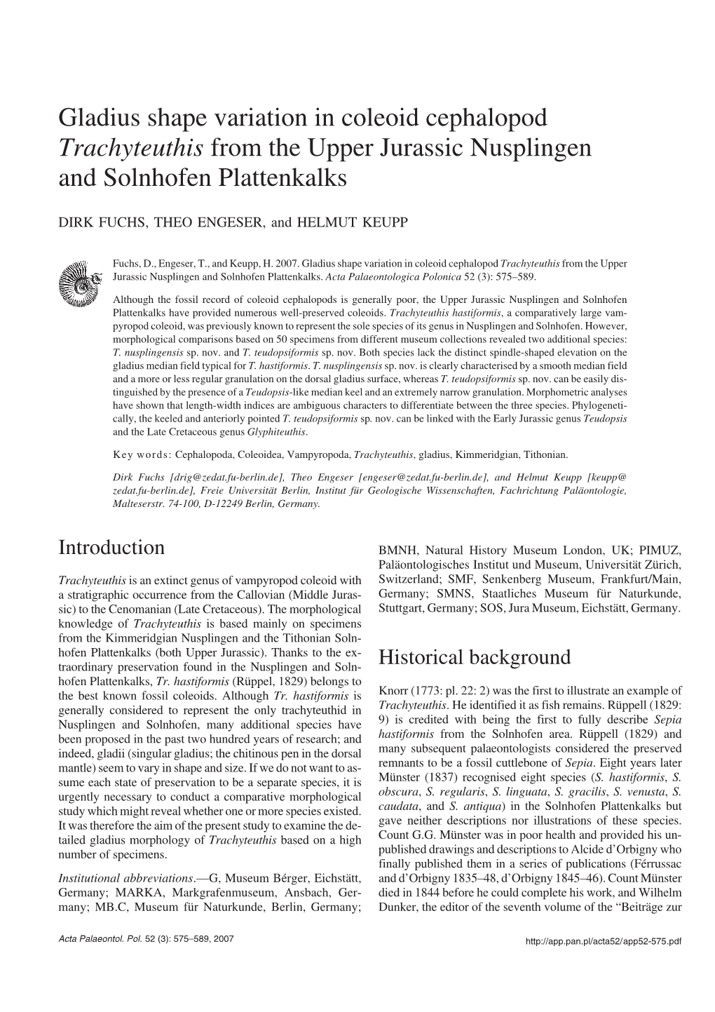 Gladius Shape Variation in Coleoid Cephalopod Trachyteuthis from the Upper Jurassic Nusplingen and Solnhofen Plattenkalks