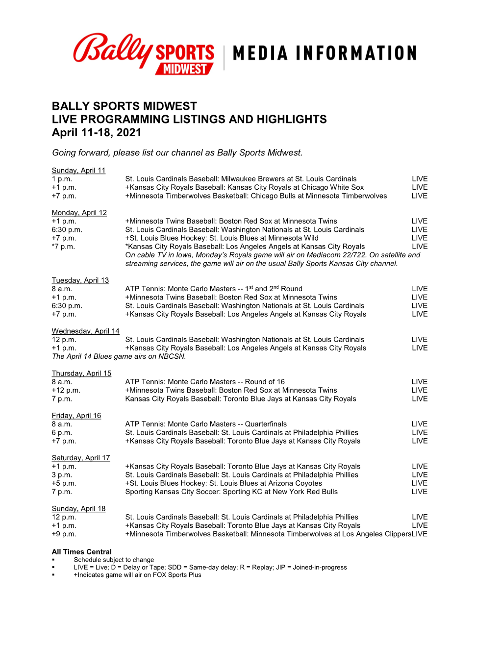 BALLY SPORTS MIDWEST LIVE PROGRAMMING LISTINGS and HIGHLIGHTS April 11-18, 2021