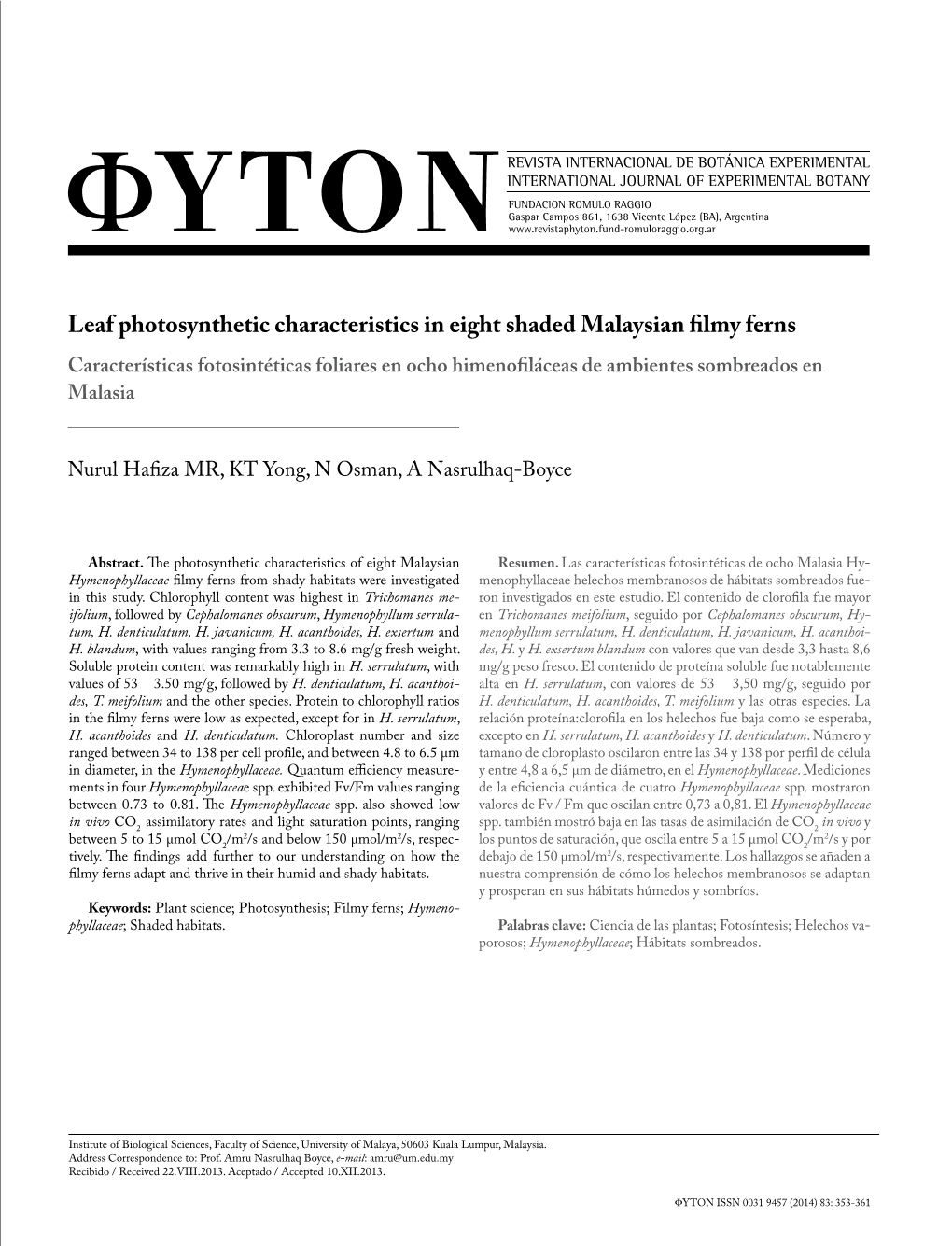 Leaf Photosynthetic Characteristics in Eight Shaded Malaysian Filmy