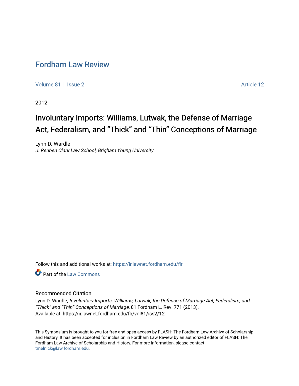 Williams, Lutwak, the Defense of Marriage Act, Federalism, and “Thick” and “Thin” Conceptions of Marriage