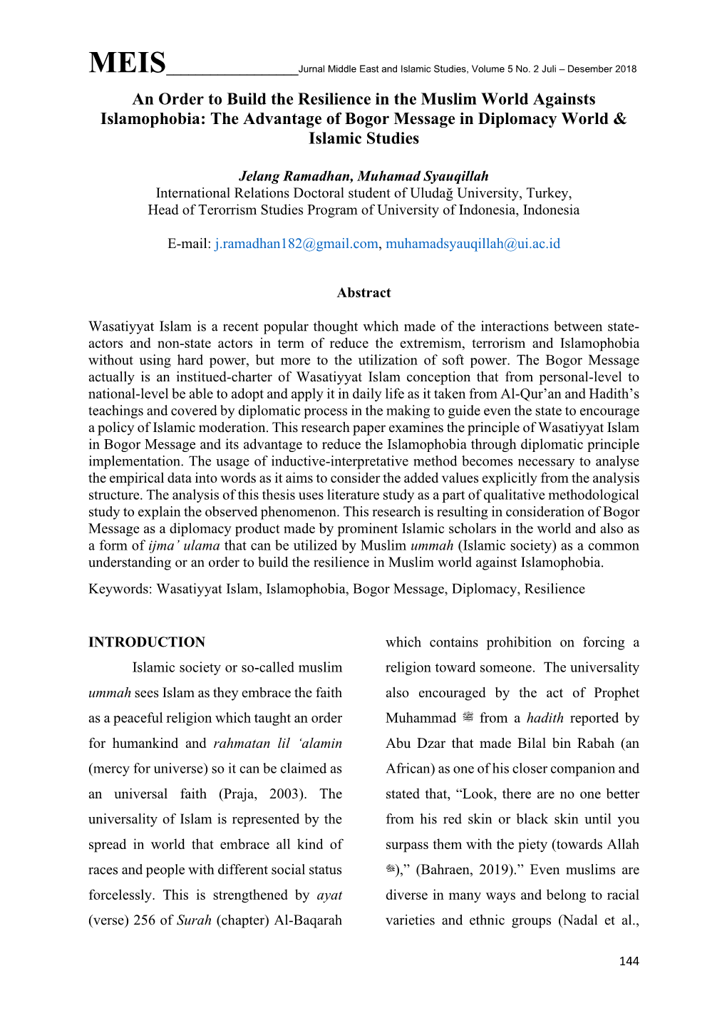 An Order to Build the Resilience in the Muslim World Againsts Islamophobia: the Advantage of Bogor Message in Diplomacy World & Islamic Studies