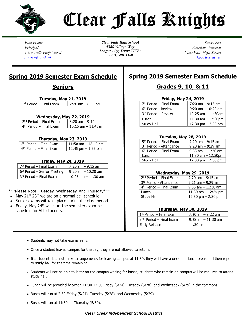 Exam Schedule Spring 2019 Semester Exam Schedule