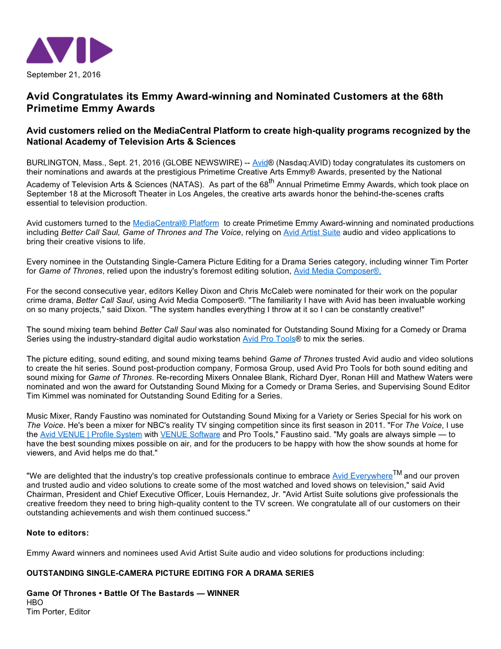 Avid Congratulates Its Emmy Award-Winning and Nominated Customers at the 68Th Primetime Emmy Awards