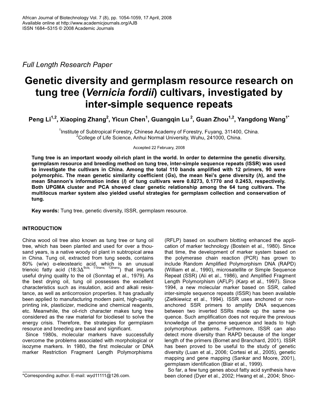 Genetic Diversity and Germplasm Resource Research on Tung Tree (Vernicia Fordii) Cultivars, Investigated by Inter-Simple Sequence Repeats