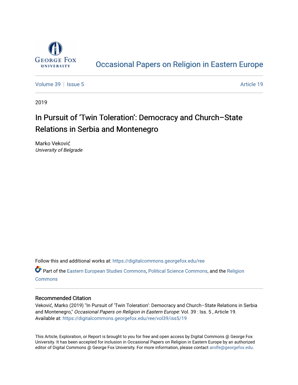 Democracy and Church–State Relations in Serbia and Montenegro