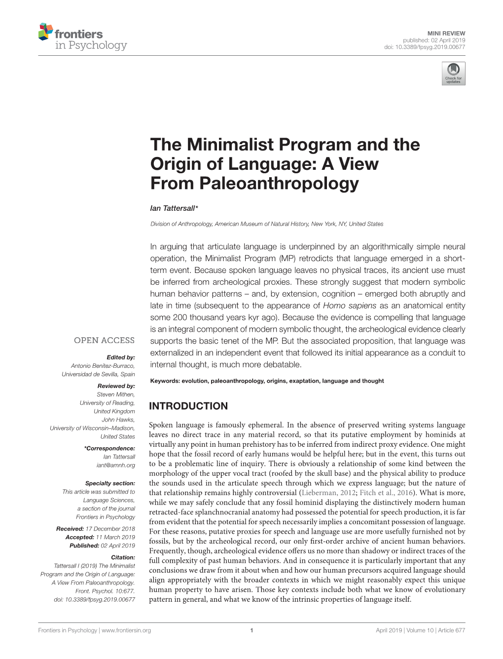 The Minimalist Program and the Origin of Language: a View from Paleoanthropology