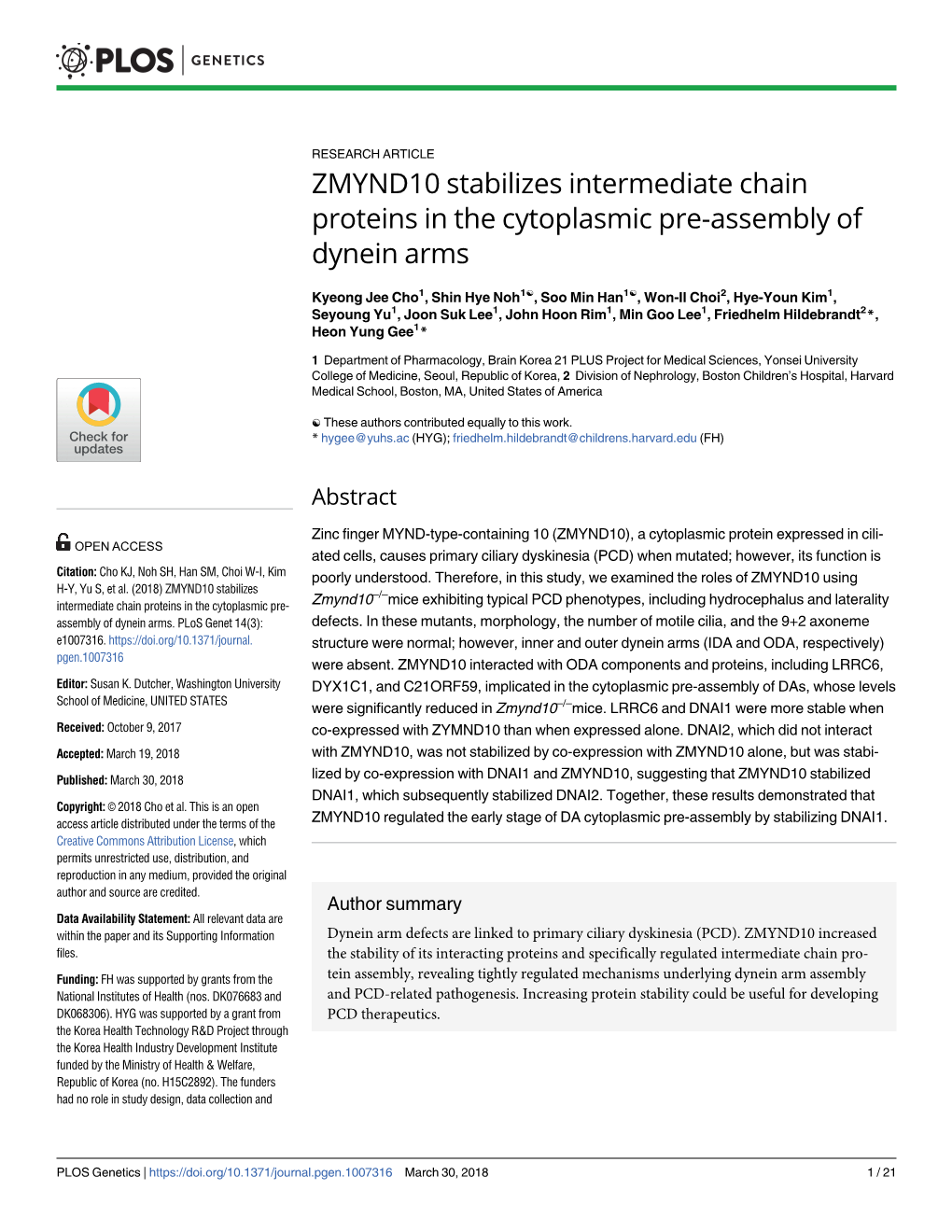 ZMYND10 Stabilizes Intermediate Chain Proteins in the Cytoplasmic Pre-Assembly of Dynein Arms