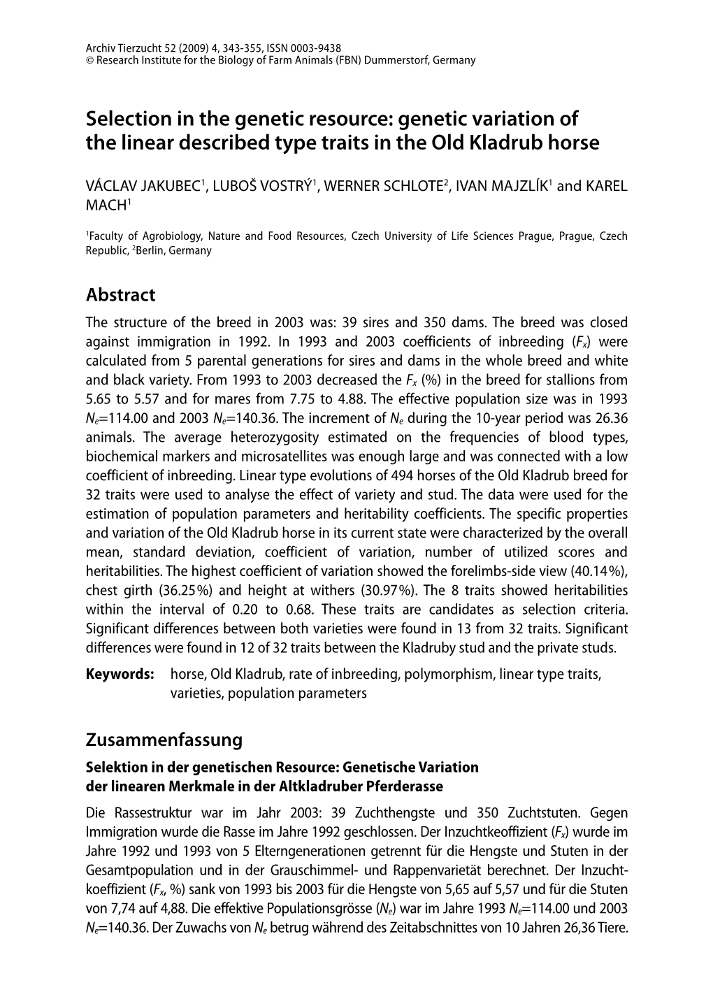 Genetic Variation of the Linear Described Type Traits in the Old Kladrub Horse