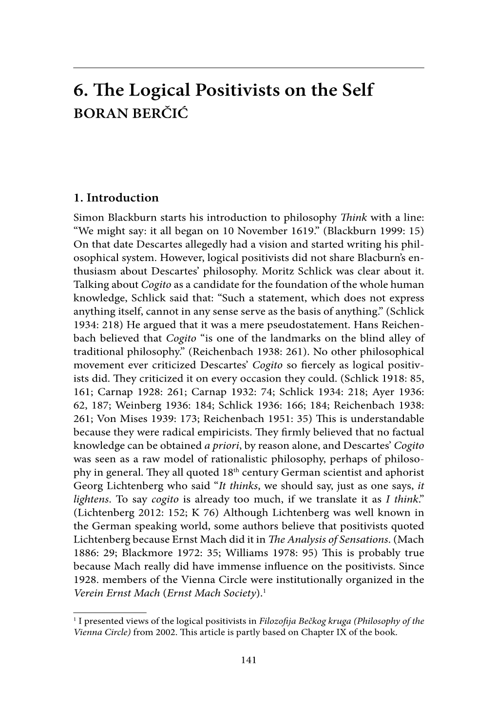 6. the Logical Positivists on the Self BORAN BERČIĆ