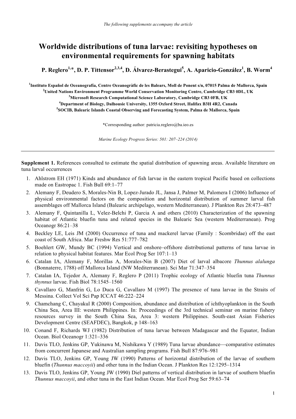 Worldwide Distributions of Tuna Larvae: Revisiting Hypotheses on Environmental Requirements for Spawning Habitats